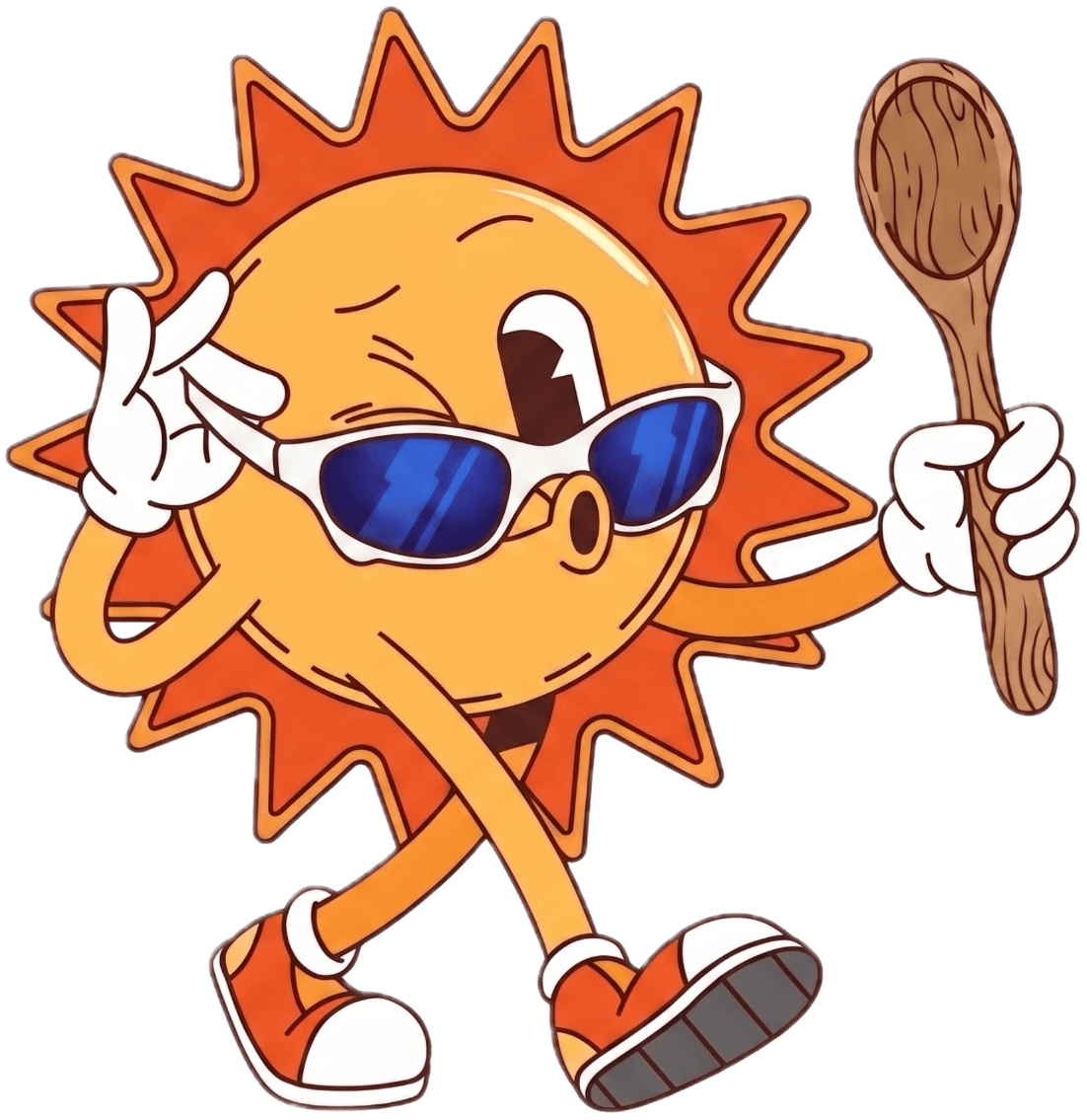 Mascota de Suncrust: un sol con anteojos de sol y una cuchara de madera